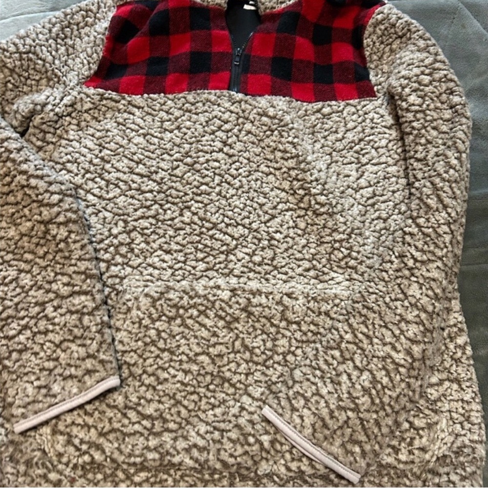 Cozy Sherpa Pullover with Red Plaid Accent